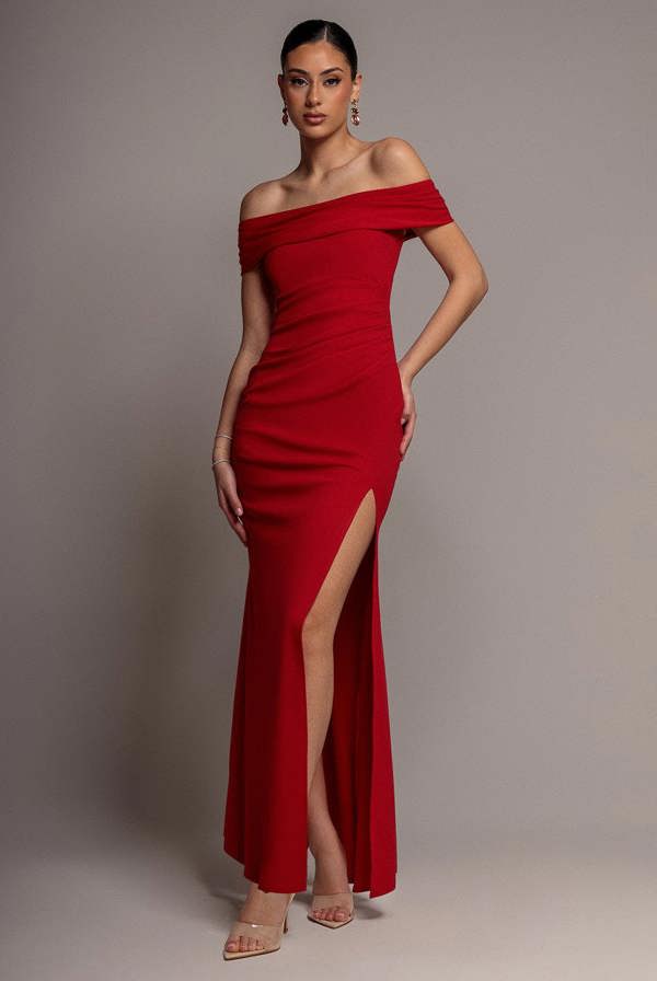 Off The Shoulder Maxi Dress With Split - Red DR1878
