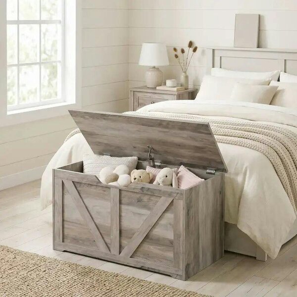 100L Home Storage Box, with Safety Hinge - Grey Wood-Effect - Grey