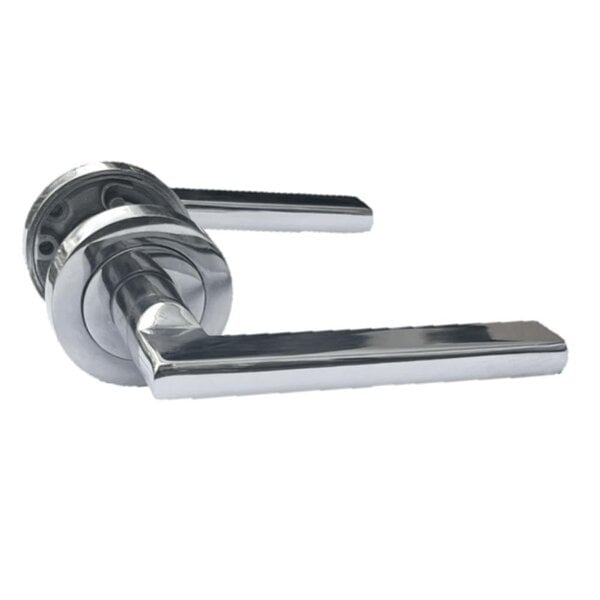 EDH Door Hardware Polished Chrome Modern Lever on Round Rose Door Handles – Handle Only or Handle + Tubular Latch