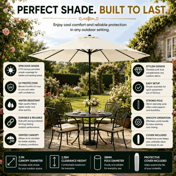 GlamHaus Garden Parasol Table Umbrella 2.7M with Crank Handle UV40 Protection Free Protection Cover Robust Steel Cream