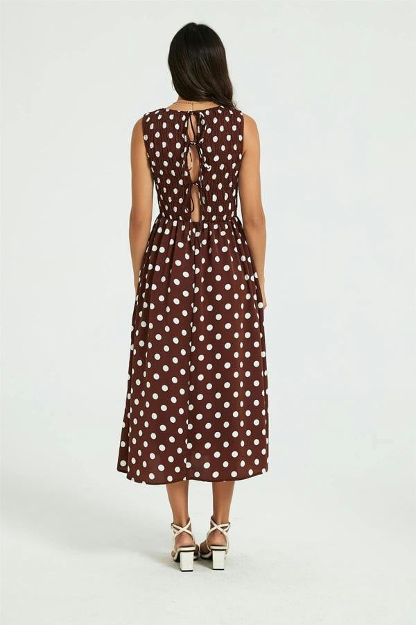 FS Collection Dot Print Tie Back Sleeveless Shirred Top Midi Dress Brown