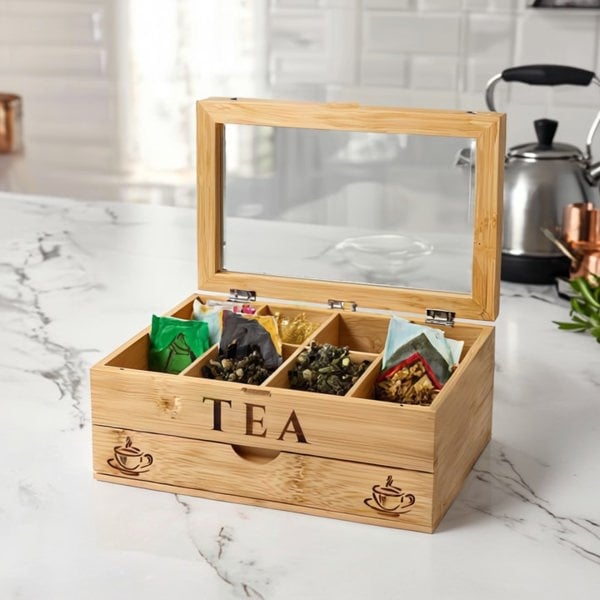 Wooden tea box with compartments on a marble countertop