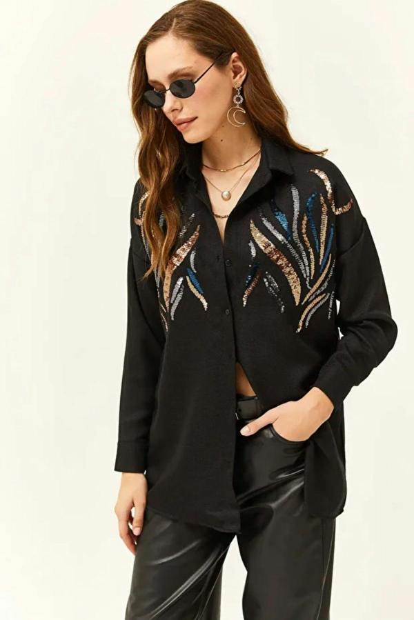 Hoxton Gal Sequin-Embellished Wool-Effect Oversized Winter Shirt