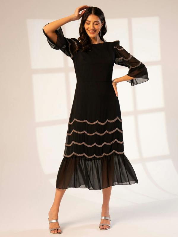 Rose & Nancy Georgina Black and Silver Scallop Bead Midi Dress
