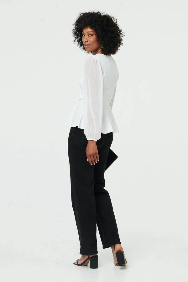 White | Long Sleeve Semi Sheer Wrap Front Top