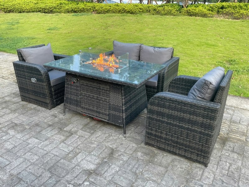 Fimous Dark Mixed Grey Rattan Outdoor Garden Furniture Gas Fire Pit Table Sets Gas Heater Love Sofa Reclining Adjustable Chairs 4 Seater