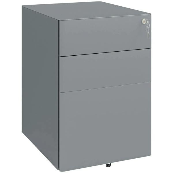 Grey lockable rolling filing cabinet with three drawers and key lock on top right
