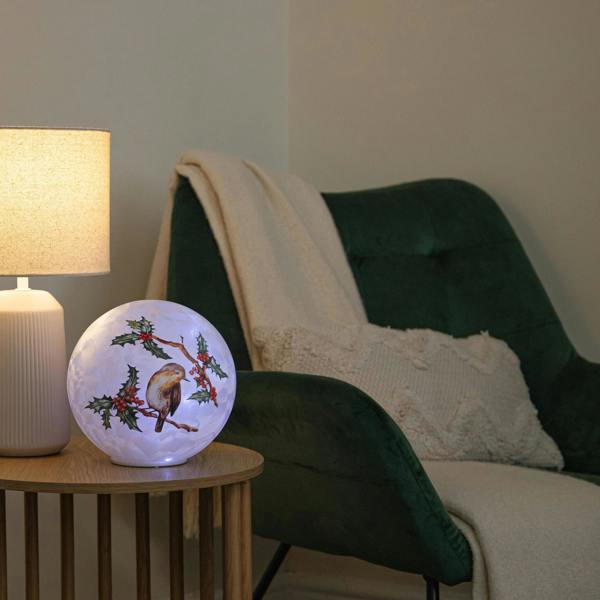 Samuel Alexander 20cm Light Up Christmas Robin Glass Ball with Cool White LEDs
