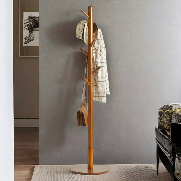 Rafaelo Mobilia Adjustable Wooden 8 Hook Coat Stand With Round Base