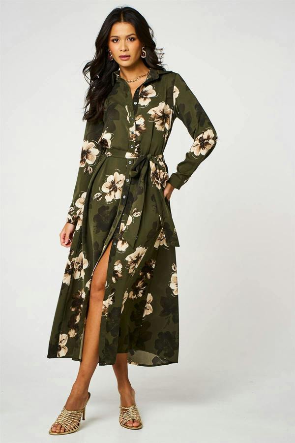 FS Collection Large Floral Long Sleeve Belted Shirt Dress In Olive Green