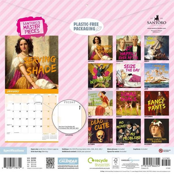 Santoro's Master Pieces, Seize The Day Calendar 2027, Wall Calendars, Month To View, Art, Gift
