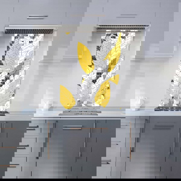 Warren Reed - Designer Yellow Grey Feather Leaves Kitchen Splashback