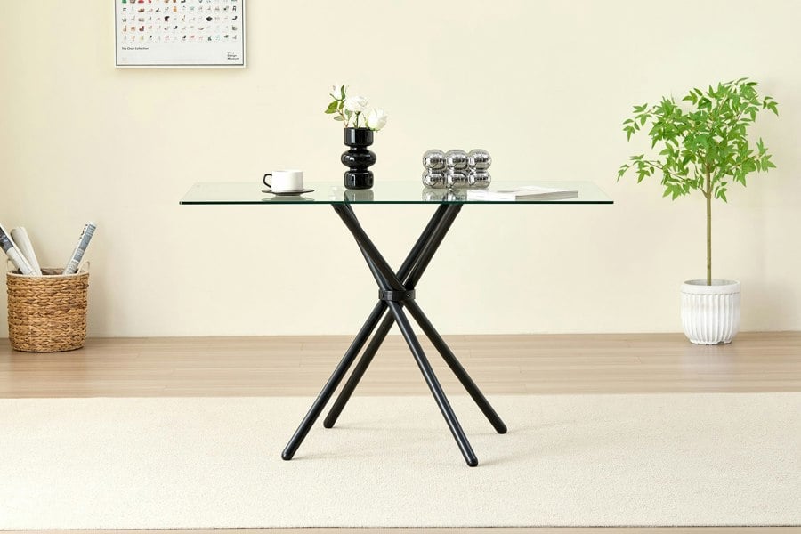 Indoor Living Miami Rectangle Glass Dining Table with starburst black legs