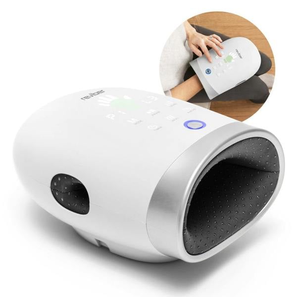 The Reviber Hand Spa Massager with Heat & Finger Stretch by Reviber features a sleek white exterior, a black interior, and control buttons positioned on top; an inset image displays a person seated while using the device on their hand. This compact Reviber massager provides targeted relief comparable to a deep tissue massage gun, making it ideal for soothing tired hands after a long day.
