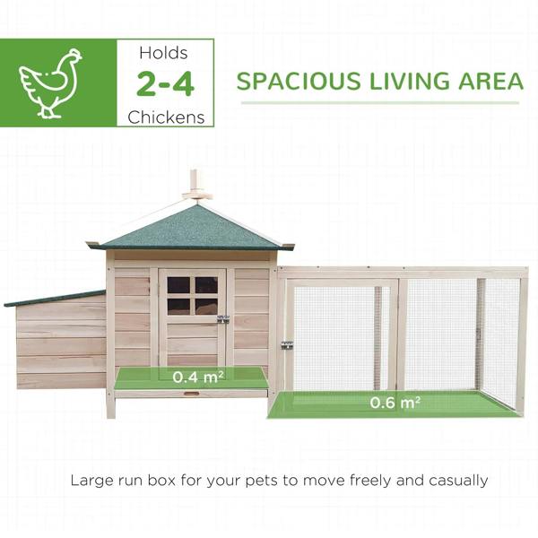 Wooden chicken coop with green roof, spacious outdoor run, and side nesting house