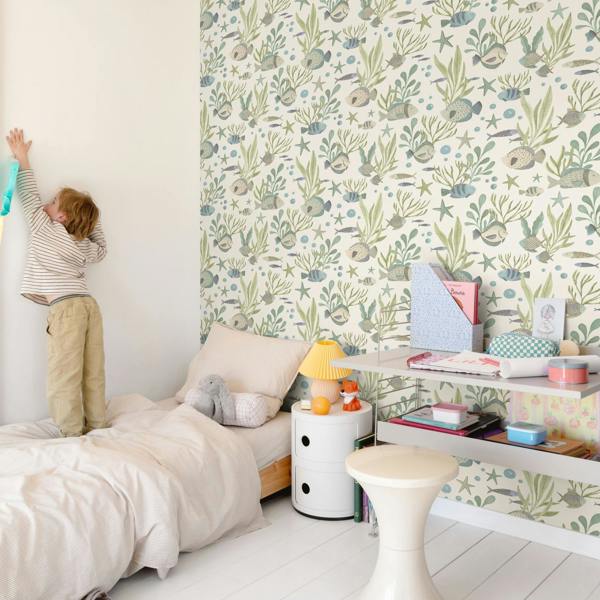 Grandeco Nemo Sealife Fish Nursery Textured Wallpaper, Teal Green