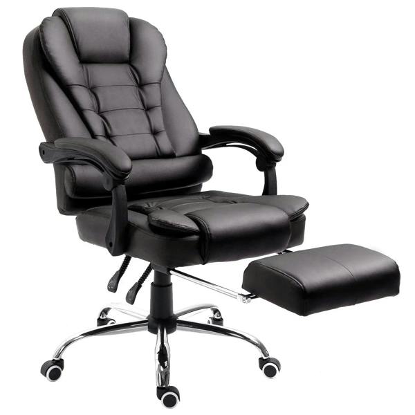 Side view of high-back office chair with retractable footrest, dark PU leather, chrome base