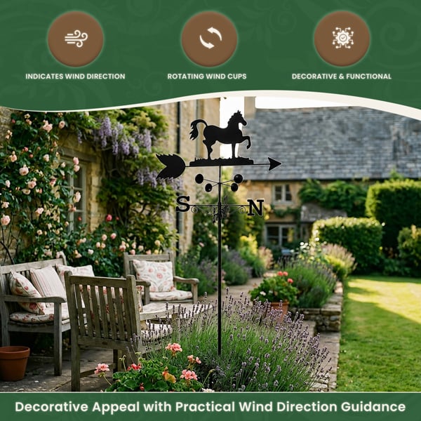 Horse Steel Weathervane, Black Painted All-Steel Weather Vane With Wall Fixings and 1.7m Ground Spike, Wind Speed Cups