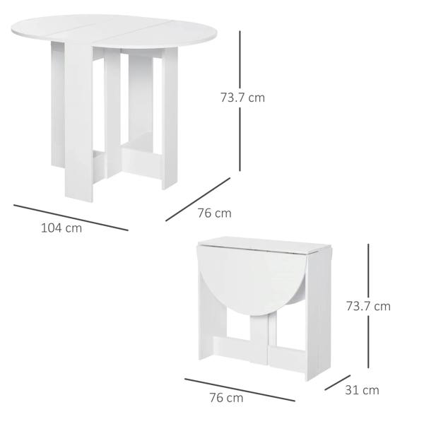 White round drop-leaf table shown with size measurements for folded and open leaves