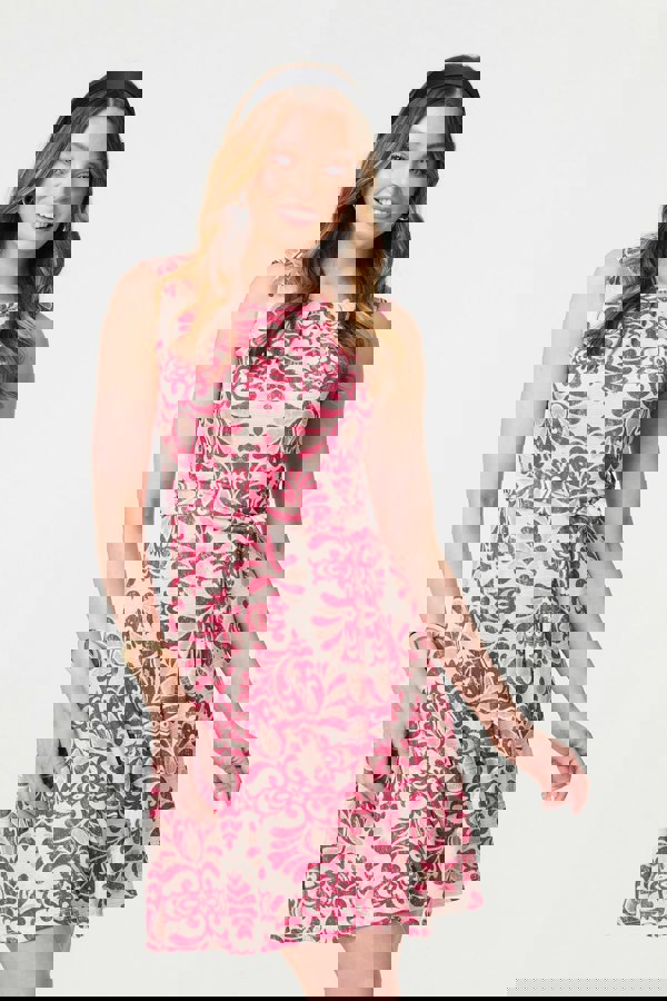 Pink | Printed Tie Waist Knee Length Skater Dress