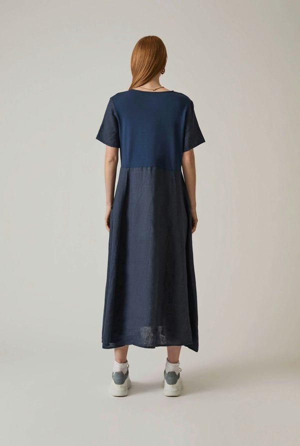 Navy linen midi dress with side pockets