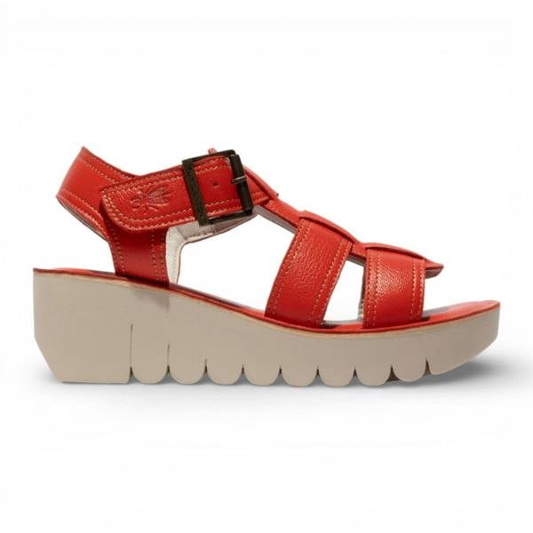 Fly London Women's YUDD236FLY Devil Red Leather Wedge Sandals