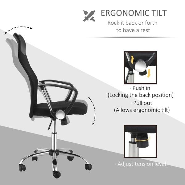 Black ergonomic office chair with adjustable tilt and lock mechanism