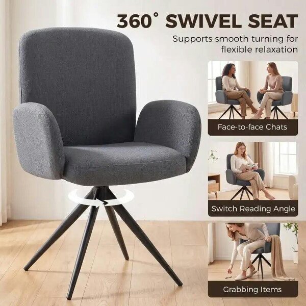 Swivel Accent Chair, Upholstered Linen-Look Armchair with Curved Backrest, Wrapped Armrests for Living Room, Grey