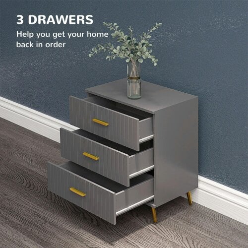 Wyld Haus Momase Tall Wooden Grey And Gold Tone 3 Drawer Embossed Bedside Table