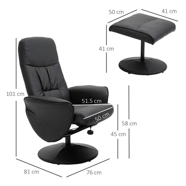 Black PU leather swivel recliner chair with footstool and round base, side view