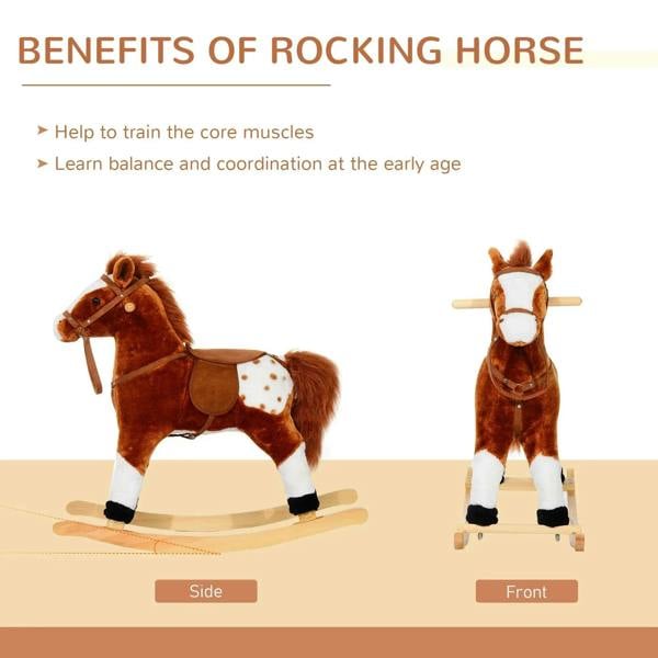 Brown plush rocking horse with wooden rocker base, side and front views