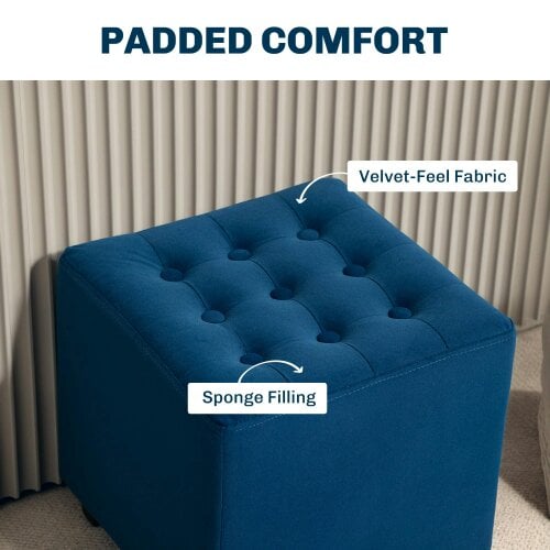 Wyld Haus Dimano Velvet Blue Upholstered Square Ottoman Diamond Tufted Pattern