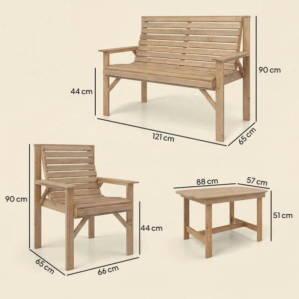 4 Piece Wooden Garden Furniture Set, Outdoor Garden Sofa Set with 2 Armchairs, Loveseat and Coffee Table, Natural Wood