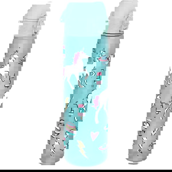 A turquoise water bottle featuring unicorns, popsicles, planets, lightning bolts, and hearts in pastel colors, standing against a plain white background.