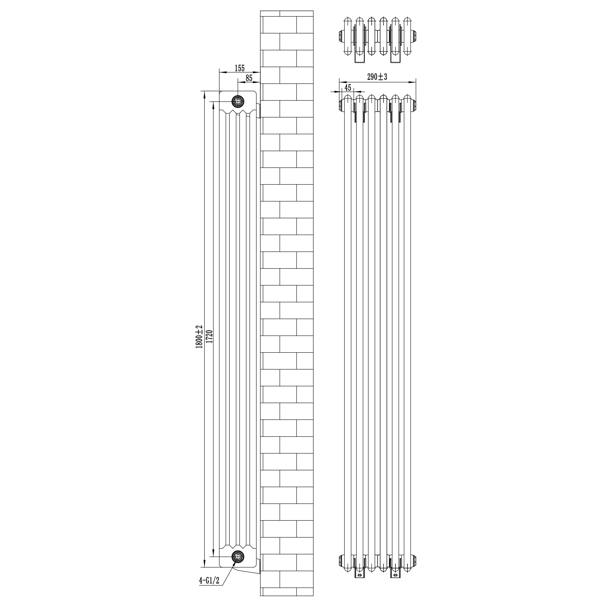 Traditional 4 column radiator in anthracite grey, measuring 1800 x 290mm, showcasing a sleek, vertical design with smooth, modern lines
