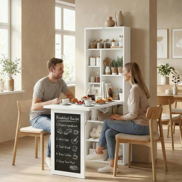 White fold-out work desk used as a table with chalkboard panel for recipes