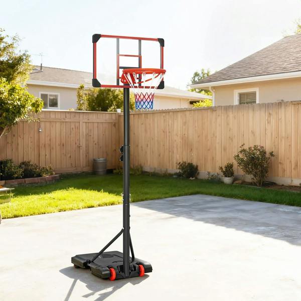 Red basketball hoop with clear backboard, net, and wheeled weighted base