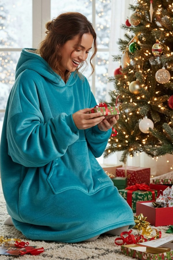 Camille Womens Light Blue Supersoft Sherpa Fleece Hoodie with Elasticated Cuffs & Giant Pocket