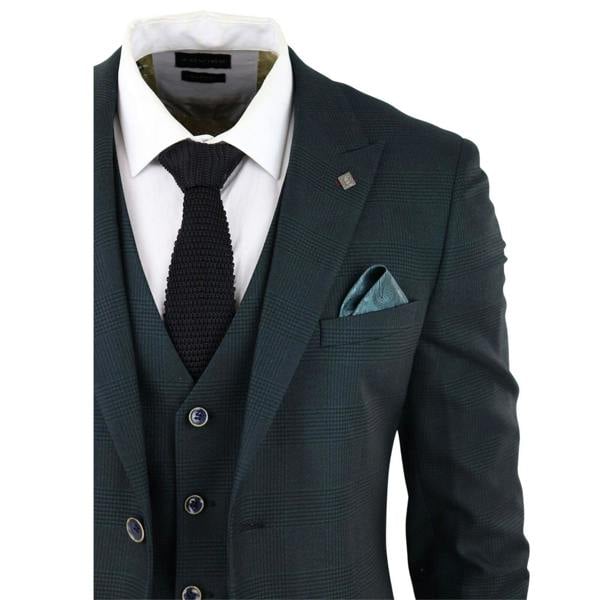 Paul Andrew Mens Olive Green 3 Piece Check Tailored Fit Suit