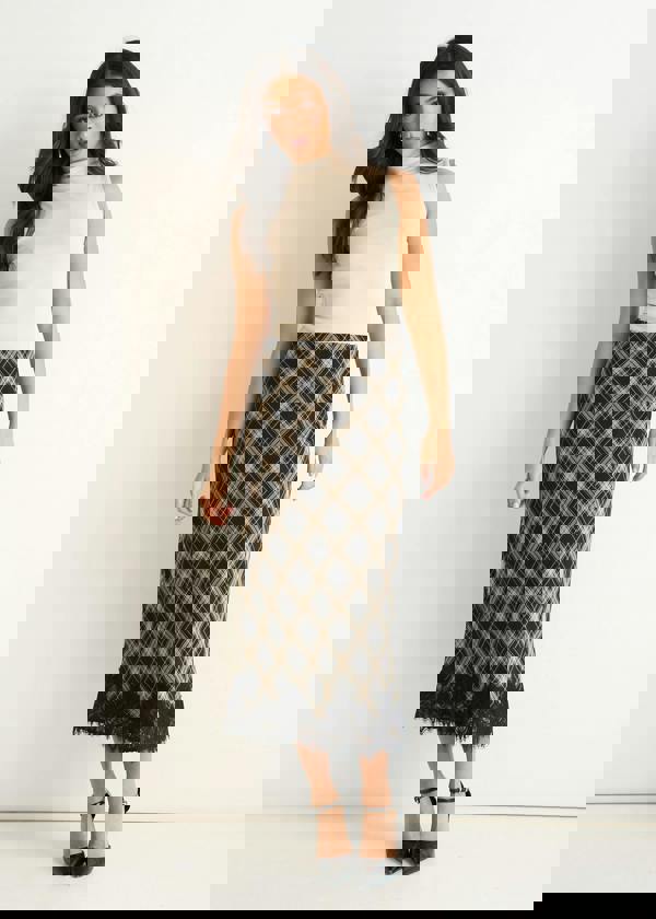 Gini London Mono Check Contrast Lace Bias Skirt