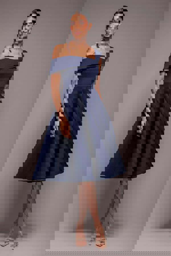One Shoulder A Line Midi Dress - Navy Blue DR4949