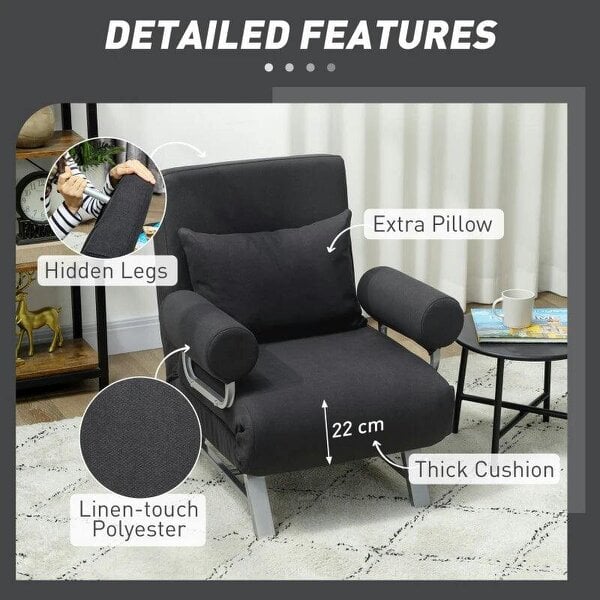 Single Sofa Bed, 3-in-1 Convertible Folding Chair Bed with Adjustable Backrest, Removable Armrests, Black