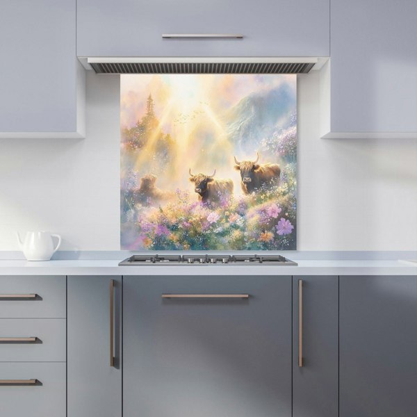 Warren Reed Highland Cows in Spring Glass Kitchen Splashback - 00021