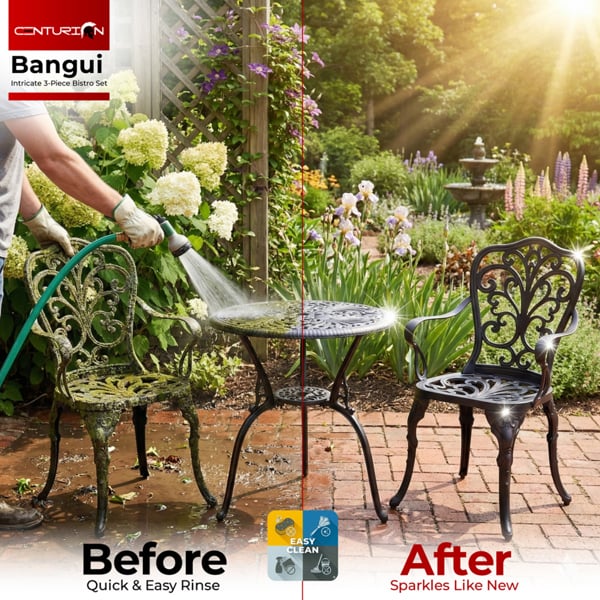Centurion Supports BANGUI Black Garden and Patio Table and 2 Chairs Cast Aluminium Bistro Set