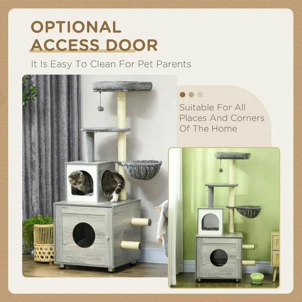 Grey enclosed cat litter box with side access door, scratching posts, and cat tree platforms