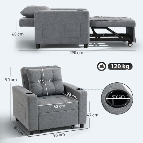 Wyld Haus Soliri Grey Upholstered 3 In One Convertible Single Sofa Bed Tufted Cushion