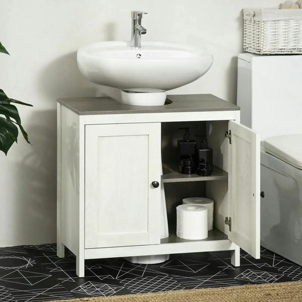 White under-sink cabinet with open double doors and built-in storage shelves.
