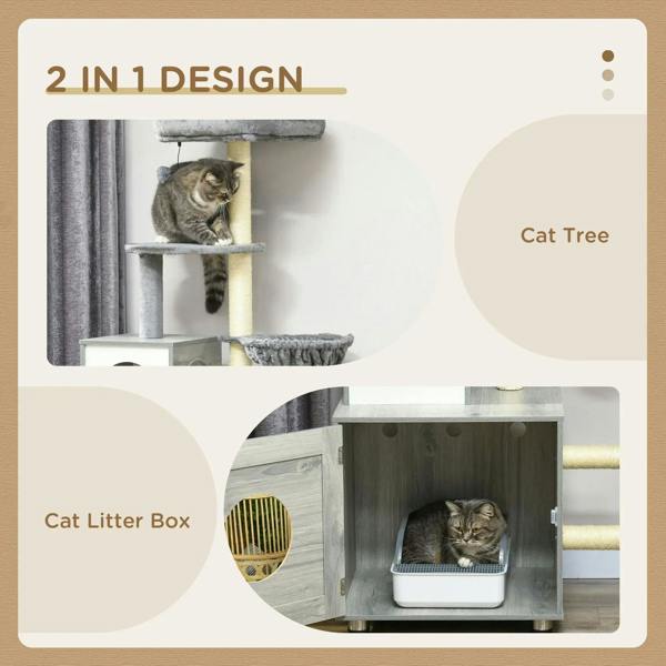 Grey cat litter box and cat tree combo with scratching posts, enclosed litter house, and perch