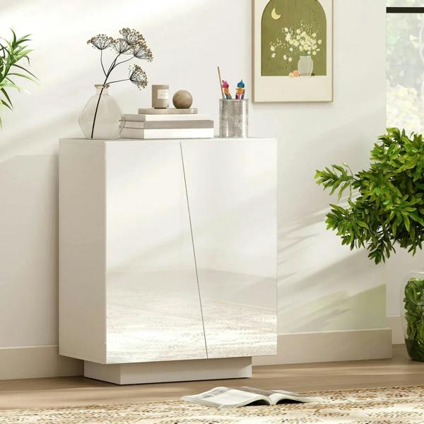 White high-gloss cabinet with two-door fronts and glossy finish