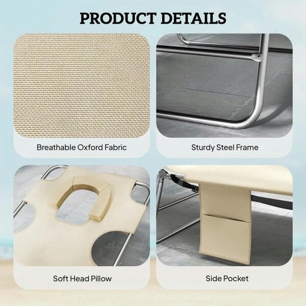 Bobobiy 5-Position Adjustable Sun Loungers Set of 2 with Reading Hole and Side Pocket, Beige